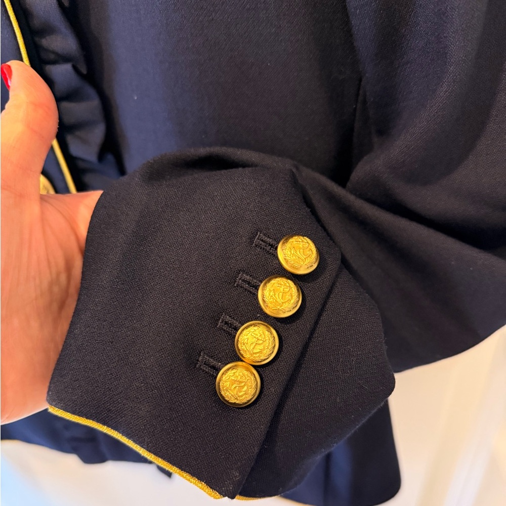 $198 J.Crew Navy Blazer Jacket Gold Crest Buttons Ruffle Front Wool Blend Size 6 - Picture 12 of 16